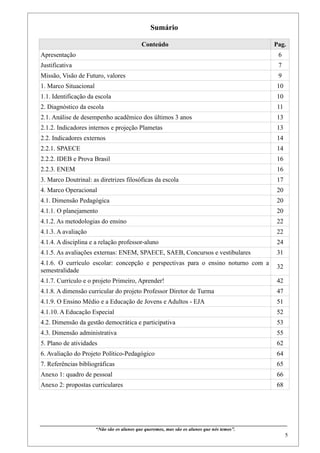 Sumário

                                                           Conteúdo                                                                          Pag.
Apresentação                                                                                                                                    6
Justificativa                                                                                                                                   7
Missão, Visão de Futuro, valores                                                                                                                9
1. Marco Situacional                                                                                                                           10
1.1. Identificação da escola                                                                                                                   10
2. Diagnóstico da escola                                                                                                                       11
2.1. Análise de desempenho acadêmico dos últimos 3 anos                                                                                        13
2.1.2. Indicadores internos e projeção Plametas                                                                                                13
2.2. Indicadores externos                                                                                                                      14
2.2.1. SPAECE                                                                                                                                  14
2.2.2. IDEB e Prova Brasil                                                                                                                     16
2.2.3. ENEM                                                                                                                                    16
3. Marco Doutrinal: as diretrizes filosóficas da escola                                                                                        17
4. Marco Operacional                                                                                                                           20
4.1. Dimensão Pedagógica                                                                                                                       20
4.1.1. O planejamento                                                                                                                          20
4.1.2. As metodologias do ensino                                                                                                               22
4.1.3. A avaliação                                                                                                                             22
4.1.4. A disciplina e a relação professor-aluno                                                                                                24
4.1.5. As avaliações externas: ENEM, SPAECE, SAEB, Concursos e vestibulares                                                                    31
4.1.6. O currículo escolar: concepção e perspectivas para o ensino noturno com a
                                                                                                                                               32
semestralidade
4.1.7. Currículo e o projeto Primeiro, Aprender!                                                                                               42
4.1.8. A dimensão curricular do projeto Professor Diretor de Turma                                                                             47
4.1.9. O Ensino Médio e a Educação de Jovens e Adultos - EJA                                                                                   51
4.1.10. A Educação Especial                                                                                                                    52
4.2. Dimensão da gestão democrática e participativa                                                                                            53
4.3. Dimensão administrativa                                                                                                                   55
5. Plano de atividades                                                                                                                         62
6. Avaliação do Projeto Político-Pedagógico                                                                                                    64
7. Referências bibliográficas                                                                                                                  65
Anexo 1: quadro de pessoal                                                                                                                     66
Anexo 2: propostas curriculares                                                                                                                68




____________________________________________________________________________________________
                               “Não são os alunos que queremos, mas são os alunos que nós temos”.
                                                                                                                                                     5
 