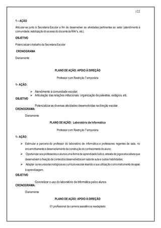 122
1 – AÇÃO
Articular-se junto à Secretaria Escolar a fim de desenvolver as atividades pertinentes ao setor (atendimento à
comunidade,viabilizaçãodoacessododocenteàsRAV´s, etc).
OBJETIVO
Potencializarotrabalhoda SecretariaEscolar
CRONOGRAMA
Diariamente
PLANO DE AÇÃO: APOIO À DIREÇÃO
Professor com Restrição Temporária
1– AÇÃO:
 Atendimento à comunidade escolar;
 Articulação das relações intitucionais: organização de palestras, estágios, etc.
OBJETIVO
Potencializar as diversas atividades desenvolvidas na direção escolar.
CRONOGRAMA:
Diariamente
PLANO DE AÇÃO: Laboratório de Informática
Professor com Restrição Temporária
1– AÇÃO:
 Estimular a parceria do professor do laboratório de informática e professores regentes de sala, no
encaminhamentoedesenvolvimentodaconstruçãodoconhecimentodoaluno;
 Oportunizar aosprofessores e alunosumaformade aprendizadolúdico,atravésde jogoseducativosque
desenvolvam a fixaçãodeconteúdosdesenvolvidosem salade aulae outras habilidades;
 Adaptar osrecursostecnológicosaocurrículoescolarvisandoa sua utilizaçãocomoinstrumentodeapoio
à aprendizagem.
OBJETIVO
Concretizar o uso do laboratório de Informática pelos alunos
CRONOGRAMA:
Diariamente
PLANO DE AÇÃO: APOIO À DIREÇÃO
01 profissional da carreira assistência readaptado
 