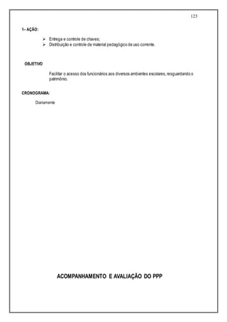 123
1– AÇÃO:
 Entrega e controle de chaves;
 Distribuição e controle de material pedagógico de uso corrente.
OBJETIVO
Facilitar o acesso dos funcionários aos diversos ambientes escolares,resguardando o
patrimônio.
CRONOGRAMA:
Diariamente
ACOMPANHAMENTO E AVALIAÇÃO DO PPP
 