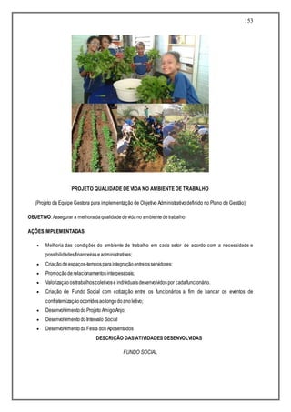 153
PROJETO QUALIDADE DE VIDA NO AMBIENTE DE TRABALHO
(Projeto da Equipe Gestora para implementação de Objetivo Administrativo definido no Plano de Gestão)
OBJETIVO:Assegurar a melhoradaqualidadedevidano ambientedetrabalho
AÇÕESIMPLEMENTADAS
 Melhoria das condições do ambiente de trabalho em cada setor de acordo com a necessidade e
possibilidadesfinanceiraseadministrativas;
 Criaçãodeespaços-temposparaintegraçãoentreosservidores;
 Promoçãoderelacionamentosinterpessoais;
 Valorizaçãoos trabalhoscoletivose individuaisdesenvolvidospor cadafuncionário.
 Criação de Fundo Social com cotização entre os funcionários a fim de bancar os eventos de
confraternizaçãoocorridosaolongodoanoletivo;
 DesenvolvimentodoProjeto AmigoAnjo;
 DesenvolvimentodoIntervalo Social
 DesenvolvimentodaFesta dos Aposentados
DESCRIÇÃO DAS ATIVIDADES DESENVOLVIDAS
FUNDO SOCIAL
 