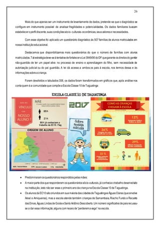 26
Mais do que apenas ser um instrumento de levantamento de dados, pretende-se que o diagnóstico se
configure em instrumento possível de analisar fragilidades e potencialidades. Os dados familiares buscam
estabeleceroperfildiscente,suascondiçõessócio-culturais-econômicas,seusvalorese necessidades.
Com esse objetivo foi aplicado um questionário diagnóstico às 507 famílias de alunos matriculados em
nossainstituiçãoeducacional.
Destacamos que disponibilizamos mais questionários do que o número de famílias com alunos
matriculados.Talestratégiadeve-seàtentativadefortaleceraLei3849/06doDF quegaranteosdireitosdogenitor
não-guardião de ter um papel ativo no processo de ensino e aprendizagem do filho, sem necessidade de
autorização judicial ou do pai guardião. A lei dá acesso a ambos os pais à escola, nos termos dessa e às
informaçõessobreacriança.
Foram devolvidos e tabulados 358, os dados foram transformados em gráficos que, após análise nos
contaquem éa comunidadequecompõeaEscolaClasse10deTaguatinga:
 Predominaramosquestionáriosrespondidospelasmães:
 A maiorpartedosqueresponderam osquestionáriossócio-culturais,jáconheciaotrabalhodesenvolvido
na instituição,visto nãoser esse o primeiroanodacriançanaEscolaClasse10deTaguatinga.
 OsalunosdaEC10 sãooriundosem suamaioriadascidadesdeTaguatingaeÁguasClaras(queenvolve
Areal e Arniqueiras), mas a escola atende também crianças de Samambaia, Riacho Fundo e Recanto
dasEmas,Águas LindasdeGoiáseSantoAntônioDescoberto.Um número significativodepaisrecusou-
se a dar essa informação;algunscom receiode“perderemavaga” na escola.
 