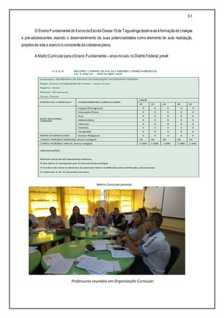 61
O EnsinoFundamentalde9anosdaEscolaClasse10de Taguatingadestina-seàformaçãodecrianças
e pré-adolescentes, visando o desenvolvimento de suas potencialidades como elemento de auto realização,
projetosde vida e exercícioconscientedacidadaniaplena.
A MatrizCurricularparaoEnsino Fundamental –anosiniciais,noDistritoFederal,prevê:
Matriz Curricular prevista
Professores reunidos em Organização Curricular
 