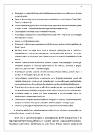 9
 Socializando as metas pedagógicas e administrativas dependentes dos recursos financeiros, definidas
no planodegestão;
 Dandovoz à comunidadeescolarnagestãodos recursosdefinidoscomoprioridadesnoProjetoPolítico
Pedagógicodainstituição;
 Exibindoparaapreciaçãoporpartedacomunidadeescolarasprioridadesdefinidasrelacionadasàgestão
financeiradoPDAF - ProgramadeDescentralizaçãoAdministrativaeFinanceira;
 Discutindocom acomunidadeescolarprioridadesidentificadas;
 Aprovando porpartedoConselhoEscolar aAtadePrioridadesdoPDAF –ProgramadeDescentralização
Administrativa e Financeira;
 Votando as prioridadesapresentadas;
 Conhecendoe refletindo os pressupostos teóricos do Currículoem Movimento da Educação Básica do
Distrito Federal;
 Articulando áreas curriculares, temas, eixos e estratégias pedagógicas entre si, refletindo o
desenvolvimento do currículo na unidade escolar à luz dos pressupostos teóricos do Currículo em
MovimentodaEducaçãoBásicadoDistritoFederal,explicitandoosconteúdosdesenvolvidosnoâmbito
escolar.
 Pautando o desenvolvimento do ano letivo, revisando o Projeto Político Pedagógico da instituição
educacional, projetando o calendário escolar específico da instituição, analisando os projetos
institucionais,definindometaseconcretizandoações.
 Aprovando pelo Conselho Escolar o calendário escolar específico da instituição, conforme dispõe a
Estratégia deMatrícula2018 (p.93,item 4.2, item e.1);
 Instrumentalizando o segmento pais e responsáveis acerca do trabalho pedagógico proposto pela
instituição educacional a fim de que este possa atuar com compreensão quando coparticipante dos
processoseducacionaisedemocráticosimplementadosporessaSecretaria/Instituiçãoeducacional;
 Obtendo a opinião do segmento pais na definição do calendário escolar, como forma de manifestação
dasnecessidadesepossibilidadesdosegmentonaparticipaçãodoseventospropostosparaoanoletivo;
 Subsidiando através da análise dos dados apresentados a discussão/reflexão acerca das
potencialidadesenecessidadesdainstituição;
 Evidenciandoosprincípiosquesustentam otrabalhopedagógicodainstituição,em conformidadecomos
princípiosdaSecretariadeEducação/DF e das leis maioresqueregem aeducaçãonopaís.
 GarantindoaparticipaçãoderepresentantesdospaisnosConselhosdeClassebimestrais.
As açõesdesenvolvidasforam realizadasatravésdereuniões,informes,palestras,conversaspedagógicas,
coordenaçõescoletivaseconselhosdeclasses.
Fizeram parte da Comissão Organizadora da Construção Coletiva do PPP da Escola Classe 10 de
Taguatingaem 2017:professorasQuedmaElienaideSouzaSilva, supervisora pedagógica;professorasBerenice
Aparecida de Sousa Cardoso e Sandra Regina dos Santos Alencar, diretoras; professoras Cláudia Queiroz
 