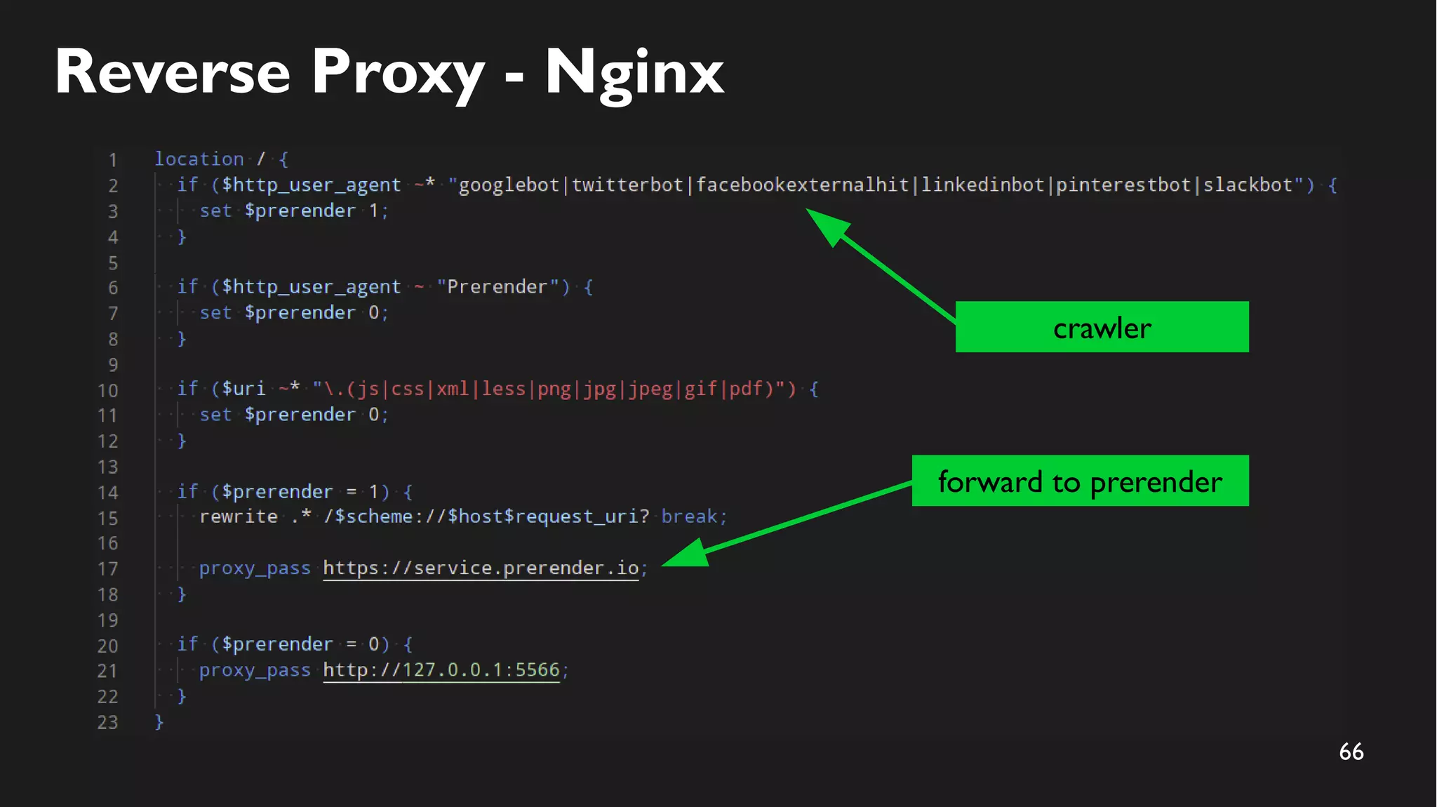 66
Reverse Proxy - Nginx
crawler
forward to prerender
 