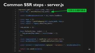 43
Common SSR steps - server.js
比對出合適的路由
 