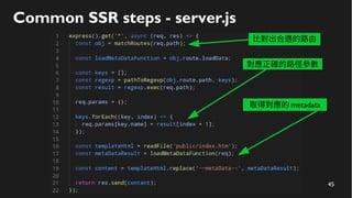 45
Common SSR steps - server.js
比對出合適的路由
對應正確的路徑參數
取得對應的 metadata
 