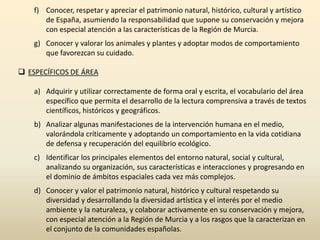 f) Conocer, respetar y apreciar el patrimonio natural, histórico, cultural y artístico
       de España, asumiendo la responsabilidad que supone su conservación y mejora
       con especial atención a las características de la Región de Murcia.
    g) Conocer y valorar los animales y plantes y adoptar modos de comportamiento
       que favorezcan su cuidado.

 ESPECÍFICOS DE ÁREA

    a) Adquirir y utilizar correctamente de forma oral y escrita, el vocabulario del área
       específico que permita el desarrollo de la lectura comprensiva a través de textos
       científicos, históricos y geográficos.
    b) Analizar algunas manifestaciones de la intervención humana en el medio,
       valorándola críticamente y adoptando un comportamiento en la vida cotidiana
       de defensa y recuperación del equilibrio ecológico.
    c) Identificar los principales elementos del entorno natural, social y cultural,
       analizando su organización, sus características e interacciones y progresando en
       el dominio de ámbitos espaciales cada vez más complejos.
    d) Conocer y valor el patrimonio natural, histórico y cultural respetando su
       diversidad y desarrollando la diversidad artística y el interés por el medio
       ambiente y la naturaleza, y colaborar activamente en su conservación y mejora,
       con especial atención a la Región de Murcia y a los rasgos que la caracterizan en
       el conjunto de la comunidades españolas.
 