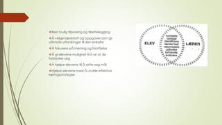 Best mulig tilpassing og tilrettelegging 
Å velge lærestoff og oppgaver som gir 
ultimate utfordringer til den enkelte 
Å fokusere på mening og forståelse 
Å gi elevene mulighet til å se at de 
forbedrer seg 
Å hjelpe elevene til å sette seg mål 
Hjelpe elevene med å utvikle effektive 
læringsstrategier 
 