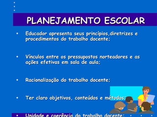 PLANEJAMENTO ESCOLARPLANEJAMENTO ESCOLAR
• Educador apresenta seus princípios,diretrizes eEducador apresenta seus princípios,diretrizes e
procedimentos do trabalho docente;procedimentos do trabalho docente;
• Vínculos entre os pressupostos norteadores e asVínculos entre os pressupostos norteadores e as
ações efetivas em sala de aula;ações efetivas em sala de aula;
• Racionalização do trabalho docente;Racionalização do trabalho docente;
• Ter claro objetivos, conteúdos e métodos;Ter claro objetivos, conteúdos e métodos;
 
