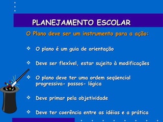 PLANEJAMENTO ESCOLARPLANEJAMENTO ESCOLAR
O Plano deve ser um instrumento para a ação:O Plano deve ser um instrumento para a ação:
 O plano é um guia de orientaçãoO plano é um guia de orientação
 Deve ser flexível, estar sujeito à modificaçõesDeve ser flexível, estar sujeito à modificações
 O plano deve ter uma ordem seqüencialO plano deve ter uma ordem seqüencial
progressiva- passos- lógicaprogressiva- passos- lógica
 Deve primar pela objetividadeDeve primar pela objetividade
 Deve ter coerência entre as idéias e a práticaDeve ter coerência entre as idéias e a prática
 