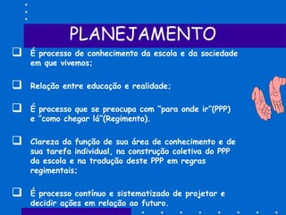 PLANEJAMENTO
 É processo de conhecimento da escola e da sociedade
em que vivemos;
 Relação entre educação e realidade;
 É processo que se preocupa com “para onde ir”(PPP)
e “como chegar lá”(Regimento).
 Clareza da função de sua área de conhecimento e de
sua tarefa individual, na construção coletiva do PPP
da escola e na tradução deste PPP em regras
regimentais;
 É processo contínuo e sistematizado de projetar e
decidir ações em relação ao futuro.
 