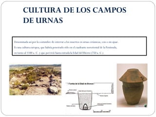CULTURA DE LOS CAMPOS 
DE URNAS 
Denominada así por la costumbre de enterrar a los muertos en urnas cerámicas, con o sin ajuar. 
Es una cultura europea, que habría penetrado sólo en el cuadrante nororiental de la Península, 
en torno al 1100 a. C. y que pervivió hasta entrada la Edad del Hierro (750 a. C.) 
 