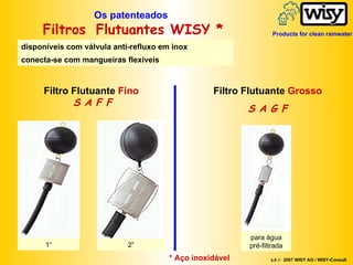 2” 1“ para água pré-filtrada Filtro Flutuante  Fino   S A F F Filtro Flutuante  Grosso S A G F Os patenteados   Filtros   Flutuantes WISY * disponíveis com válvula anti-refluxo em inox conecta-se com mangueiras flexiveis * Aço inoxidável 6.0 ©   2007 WISY AG / WISY-Consult Products for clean rainwater 