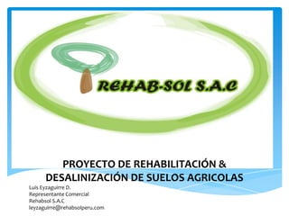 PROYECTO DE REHABILITACIÓN &
DESALINIZACIÓN DE SUELOS AGRICOLAS
Luis Eyzaguirre D.
Representante Comercial
Rehabsol S.A.C
leyzaguirre@rehabsolperu.com
 