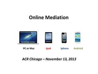 Online Mediation

PC or Mac

Ipad

Iphone

Android

ACR Chicago – November 13, 2013

 