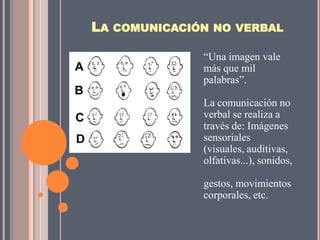 LA COMUNICACIÓN NO VERBAL

              “Una imagen vale
              más que mil
              palabras”.

              La comunicación no
              verbal se realiza a
              través de: Imágenes
              sensoriales
              (visuales, auditivas,
              olfativas...), sonidos,

              gestos, movimientos
              corporales, etc.
 