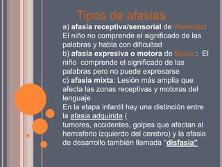 Tipos de afasias
a) afasia receptiva/sensorial de Wernicke:
El niño no comprende el significado de las
palabras y habla con dificultad
b) afasia expresiva o motora de Broca : El
niño comprende el significado de las
palabras pero no puede expresarse
c) afasia mixta: Lesión más amplia que
afecta las zonas receptivas y motoras del
lenguaje
En la etapa infantil hay una distinción entre
la afasia adquirida (
tumores, accidentes, golpes que afectan al
hemisferio izquierdo del cerebro) y la afasia
de desarrollo también llamada “disfasia”
 