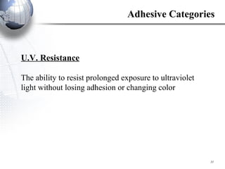 U.V. Resistance The ability to resist prolonged exposure to ultraviolet light without losing adhesion or changing color Adhesive Categories 