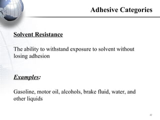 Solvent Resistance The ability to withstand exposure to solvent without losing adhesion Examples : Gasoline, motor oil, alcohols, brake fluid, water, and other liquids Adhesive Categories 