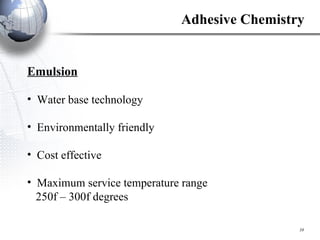 Emulsion Water base technology Environmentally friendly Cost effective Maximum service temperature range  250f – 300f degrees Adhesive Chemistry 