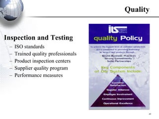 ISO standards Trained quality professionals Product inspection centers Supplier quality program Performance measures Inspection and Testing Quality  