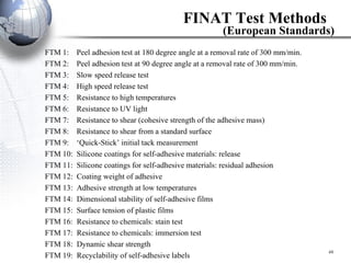 FINAT Test Methods  (European Standards) FTM 1:  Peel adhesion test at 180 degree angle at a removal rate of 300 mm/min. FTM 2:  Peel adhesion test at 90 degree angle at a removal rate of 300 mm/min.  FTM 3:  Slow speed release test  FTM 4:  High speed release test FTM 5:  Resistance to high temperatures FTM 6:  Resistance to UV light FTM 7:  Resistance to shear (cohesive strength of the adhesive mass) FTM 8:  Resistance to shear from a standard surface FTM 9:  ‘Quick-Stick’ initial tack measurement FTM 10:  Silicone coatings for self-adhesive materials: release  FTM 11:  Silicone coatings for self-adhesive materials: residual adhesion  FTM 12:  Coating weight of adhesive FTM 13:  Adhesive strength at low temperatures FTM 14:  Dimensional stability of self-adhesive films FTM 15:  Surface tension of plastic films FTM 16:  Resistance to chemicals: stain test FTM 17:  Resistance to chemicals: immersion test FTM 18:  Dynamic shear strength FTM 19:  Recyclability of self-adhesive labels 