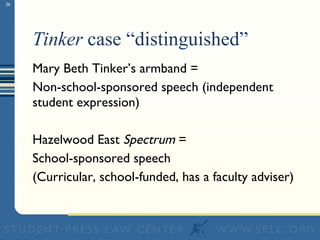 Tinker  case “distinguished” Mary Beth Tinker’s armband =  Non-school-sponsored speech (independent student expression) Hazelwood East  Spectrum  = School-sponsored speech (Curricular, school-funded, has a faculty adviser) 