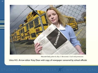 Utica H.S.  Arrow  editor Katy Dean with copy of newspaper censored by school officials Macomb Daily  photo by Ray J. Skowronek. Used with permission. 