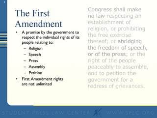 The First Amendment A promise by the government to respect the individual rights of its people relating to: Religion Speech Press Assembly Petition First Amendment rights  are not unlimited Congress shall make no law  respecting an establishment of religion, or prohibiting the free exercise thereof; or  abridging the freedom of speech, or of the press ; or the right of the people peaceably to assemble, and to petition the government for a redress  of grievances.   