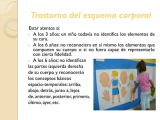 Trastorno del esquema corporal
Estar atentos si:
- A los 3 años: un niño todavía no identifica los elementos de
su cara.
- A los 6 años: no reconociera en sí mismo los elementos que
componen su cuerpo o si no fuera capaz de representarlo
con cierta fidelidad.
- A los 6 años: no identifican
las partes izquierda derecha
de su cuerpo y reconocerán
los conceptos básicos
espacio-temporales: arriba,
abajo, detrás, junto a, lejos
de, anterior, posterior, primero,
último, ayer, etc.
 