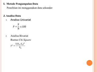 I. Metode Pengumpulan Data
Penelitian ini menggunakan data sekunder
J. Analisa Data
1. Analisa Univariat
2. Analisa Bivariat
Rumus Chi Square
 