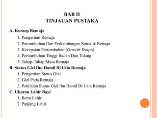 BAB II
TINJAUAN PUSTAKA
A. Konsep Remaja
1. Pengertian Remaja
2. Pertumbuhan Dan Perkembangan Somatik Remaja
3. Kecepatan Pertumbuhan (Growth Tempo)
4. Pertumbuhan Tinggi Badan Dan Tulang
5. Tahap-Tahap Masa Remaja
B. Status Gizi Ibu Hamil Di Usia Remaja
1. Pengertian Status Gizi
2. Gizi Pada Remaja
3. Penilaian Status Gizi Ibu Hamil Di Usia Remaja
C. Ukuran Lahir Bayi
1. Berat Lahir
2. Panjang Lahir
 