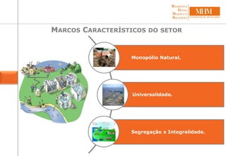 MARCOS CARACTERÍSTICOS DO SETOR
Monopólio Natural.
Universalidade.
Segregação x Integralidade.
 