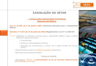 LEGISLAÇÃO DO SETOR
 LEGISLAÇÃO INFRACONSTITUCIONAL
Saneamento Básico
Lei nº 11.445, de 5 de janeiro 2007 (Diretrizes Nacionais para o Saneamento
Básico)
Decreto nº 7.217, de 21 de junho de 2010 (Regulamenta a Lei nº 11.445/07)
 Estabelece as diretrizes nacionais para o Saneamento Básico e para a política
federal de saneamento básico:
 Universalização;
 Eficiência e sustentabilidade econômica;
 Integração das infraestruturas e serviços com a gestão eficiente dos recursos
hídricos.
Obrigatoriedade de órgão ou entidade de regulação independente;
Plano Nacional de Saneamento Básico:
Proposta do PLANSAB:
Macrodiretriz: ”Explorar as potencialidades da Lei de Parcerias Público-Privadas
para a prestação dos serviços.”
 