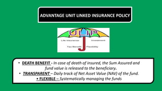 ADVANTAGE UNIT LINKED INSURANCE POLICY
• DEATH BENEFIT - In case of death of insured, the Sum Assured and
fund value is released to the beneficiary.
• TRANSPARENT – Daily track of Net Asset Value (NAV) of the fund.
• FLEXIBLE – Systematically managing the funds
 