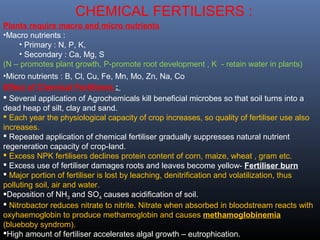 CHEMICAL FERTILISERS : 
Plants require macro and micro nutrients 
•Macro nutrients : 
• Primary : N, P, K, 
• Secondary : Ca, Mg, S 
(N – promotes plant growth, P-promote root development , K - retain water in plants) 
•Micro nutrients : B, Cl, Cu, Fe, Mn, Mo, Zn, Na, Co 
Effect of Chemical Fertilisers : 
 Several application of Agrochemicals kill beneficial microbes so that soil turns into a 
dead heap of silt, clay and sand. 
 Each year the physiological capacity of crop increases, so quality of fertiliser use also 
increases. 
 Repeated application of chemical fertiliser gradually suppresses natural nutrient 
regeneration capacity of crop-land. 
 Excess NPK fertilisers declines protein content of corn, maize, wheat , gram etc. 
 Excess use of fertiliser damages roots and leaves become yellow- Fertiliser burn 
 Major portion of fertiliser is lost by leaching, denitrification and volatilization, thus 
polluting soil, air and water. 
Deposition of NH3 and SO4 causes acidification of soil. 
 Nitrobactor reduces nitrate to nitrite. Nitrate when absorbed in bloodstream reacts with 
oxyhaemoglobin to produce methamoglobin and causes methamoglobinemia 
(blueboby syndrom). 
High amount of fertiliser accelerates algal growth – eutrophication. 
 