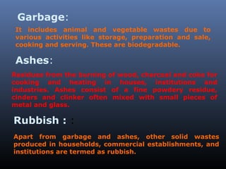 Garbage: 
It includes animal and vegetable wastes due to 
various activities like storage, preparation and sale, 
cooking and serving. These are biodegradable. 
Ashes: 
Residues from the burning of wood, charcoal and coke for 
cooking and heating in houses, institutions and 
industries. Ashes consist of a fine powdery residue, 
cinders and clinker often mixed with small pieces of 
metal and glass. 
Rubbish : : 
Apart from garbage and ashes, other solid wastes 
produced in households, commercial establishments, and 
institutions are termed as rubbish. 
 