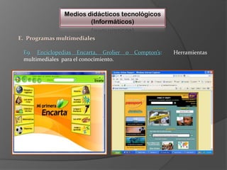 Medios didácticos tecnológicos(Informáticos)E.  Programas multimedialesE9. Enciclopedias Encarta, Grolier o Compton’s:  Herramientas multimediales  para el conocimiento.