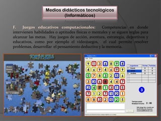 Medios didácticos tecnológicos(Informáticos)F.  Juegos educativos computacionales:  Competencias en donde intervienen habilidades o aptitudes físicas o mentales y se siguen reglas para alcanzar las metas.  Hay juegos de acción, aventura, estrategia, deportivos y educativos, como por ejemplo el videojuegos,  el cual permite resolver problemas, desarrollar  el pensamiento deductivo y la memoria.