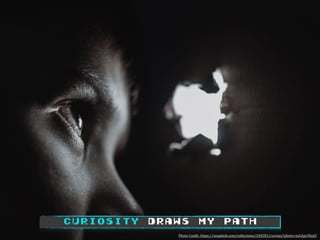 Curiosity draws my path
Photo	Credit:	https://unsplash.com/collections/240281/curious?photo=xsGApcVbojU
 