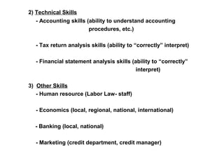 2) Technical Skills 
- Accounting skills (ability to understand accounting 
procedures, etc.) 
- Tax return analysis skills (ability to “correctly” interpret) 
- Financial statement analysis skills (ability to “correctly” 
interpret) 
3) Other Skills 
- Human resource (Labor Law- staff) 
- Economics (local, regional, national, international) 
- Banking (local, national) 
- Marketing (credit department, credit manager) 
 