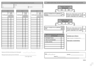 14.00
FICHA CONTROLE DA INSTRUÇÃO DE QUALIFICAÇÃO
Nr NOME
OM: SU: FRAÇÃO:
O I I O I I O I I
Identificação
Padrão
mínimo
alcançado Identificação
Padrão
mínimo
alcançado Identificação
Padrão
mínimo
alcançado
SIM NÃO SIM NÃO SIM NÃO
Data de término da fase de instrução: ______ / ______ / ______
Responsável pelo preenchimento: ____________________________
Cmt Gpt Instr
APRECIAÇÃO FINAL DA FASE DE INSTRUÇÃO INDIVIDUAL DE QUALIFICAÇÃO
Concluiu o CFSd com
aproveitamento.
SIM NÃO
Está em condições de ser qualificado
Soldado
SIM
Deve ser observado durante o
Período de Adestramento, para
posterior qualificação como Soldado
SIM
Concluiu o CFC com
aproveitamento.
SIM NÃO
Está em condições de ser qualificado
Cabo.
SIM
Deve ser observado durante o
Período de Adestramento, para
posterior qualificação como Soldado
SIMNÃO
Motivos de desligamento antes do termino
do CFC/CFSd: Habilitação para a Reserva:
HABILITAÇÃO À PROMOÇÃO A _______
Observações Complementares:
- Solicitação Própria
- Falta de aproveitamento
- Pontos perdidos
Data: ____/_____/_____
Visto S3:_______________
Cmt SU: ________________________
 