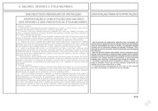 35.00
(OII) OBJETIVOS INDIVIDUAIS DE INSTRUÇÃO ORIENTAÇÃO PARA INTERPRETAÇÃO
IDENTIFICAÇÃO E CONCEITUÇÃO DOS VALORES,
DOS DEVERES E DOS PRECEITOS DE ÉTICA MILITARES
8. VALORES, DEVERES E ÉTICA MILITARES
1. Valores militares
a. Patriotismo: traduzido pela vontade inabalável de cumprir o dever militar e pelo solene
juramento de fidelidade à Pátria até com o sacrifício da própria vida;
b. Civismo e culto das tradições históricas: traduzido pelo culto aos símbolos nacionais, aos
valores e tradições históricas, à história da pátria (em especial a militar), aos heróis nacionais e
aos chefes militares do passado;
c. Fé na missão elevada das Forças Armadas: traduzido pelo amor ao Exército e pela fé na
missão de defender a Pátria, garantir os poderes constitucionais, a lei e a ordem, cooperar com
o desenvolvimento nacional e com a defesa civil e participar de operações internacionais.
d. Espírito de corpo e orgulho pela organização militar onde serve: traduzido pelo orgulho
sentido pelo militar pelo Exército Brasileiro, pela organização militar onde serve, pela sua
profissão, pela arma ou especialidade que integra, e por seus companheiros de farda, resultando
em um orgulho e uma vontade coletivas, ao quais refletem o grau de coesão da tropa;
e. Amor à profissão das armas e o entusiasmo com que é exercida: traduzido pela
exteriorização permanente de entusiasmo, motivação profissional, dedicação integral ao serviço,
trabalho por prazer, irretocável apresentação individual, consciência profissional, espírito de
sacrifício, gosto pelo trabalho bem-feito, prática consciente dos deveres e da ética militares, e
satisfação do dever cumprido; e
f. Aprimoramento técnico-profissional: traduzido pela iniciativa própria do militar em buscar
seu continuado aprimoramento técnico-profissional, mediante a dedicação pessoal nos cursos,
estágios e instruções, a condução de estudos e leituras diárias sobre assuntos diversos de
interesse profissional, na manutenção da capacidade física e no empenho no exercício diário de
sua função.
2. Deveres militares
a. Dedicação e fidelidade à Pátria: traduzido pela dedicação integral ao serviço da pátria,
defendendo sua honra, sua integridade e suas instituições, bem como pela priorização dos
interesses da Pátria sobre os interesses pessoais ou de grupos sociais, e ainda, pela constante
demonstração do orgulho de ser brasileiro e de fé no destino do País;
b. Culto aos Símbolos Nacionais: traduzido, no tocante à Bandeira Nacional, pelas honras e
sinais de respeito a ela prestados nas solenidades; na execução do tradicional cerimonial de
Guarda-Bandeira; a sua posição de destaque nos desfiles; o seu hasteamento diário nas
Organizações Militares e o modo de guardá-la quando não estiver em uso. No que diz respeito ao
Hino Nacional é traduzido: pelas honras que lhe são prestadas nas solenidades militares; pelo
seu canto, com grande entusiasmo e também pela postura que o militar adota quando ouve os
seus acordes. Quanto ao Selo e às Armas nacionais, traduz-se por sua utilização correta em
documentos e nas instalações militares, de acordo com as normas que regulam seu uso;
- Não há previsão de carga-horária específica para a abordagem de
tais assuntos em sessões formais de instrução. Devem ser aproveitadas
todas as oportunidades nas quais os oficiais e os graduados estejam
reunidos com os instruendos (sessões de instrução, formaturas, TFM,
execução de serviços de escala, tempos à disposição) para abordagem
dos assuntos.
- Além dos assuntos listados nesta matéria, oficiais e graduados devem
abordar, ainda os assuntos: combate às drogas; religião; hinos e canções
militares; evolução do Exército Brasileiro; atuações recentes do Exército
Brasileiro nos campos nacional e internacional; e outros assuntos
julgados úteis, oportunos e necessários pela Direção de Instrução.
- Os oficiais e graduados devem acompanhar e orientar o recruta em
todas as situações. Devem agir de forma exemplar, evidenciando as
atitudes que se busca desenvolver no militar.
- O desenvolvimento dos presentes OII tem início na IIQ e deverá
ser dada continuidade no decorrer do Ano de Instrução.
 