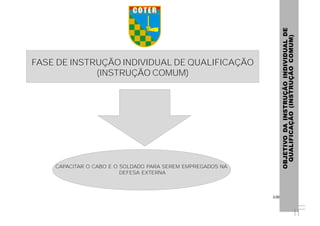 3.00
FASE DE INSTRUÇÃO INDIVIDUAL DE QUALIFICAÇÃO
(INSTRUÇÃO COMUM)
CAPACITAR O CABO E O SOLDADO PARA SEREM EMPREGADOS NA
DEFESA EXTERNA
OBJETIVODAINSTRUÇÃOINDIVIDUALDE
QUALIFICAÇÃO(INSTRUÇÃOCOMUM)
 