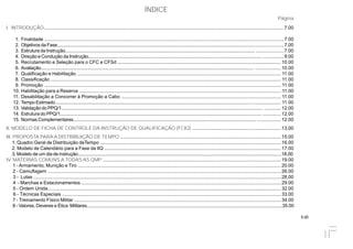 5.00
ÍNDICE
Página
I. INTRODUÇÃO....................................................................................................................................................................................... 7.00
1. Finalidade ....................................................................................................................................................................................... 7.00
2. Objetivos da Fase......................................................................................................................................................................................... 7.00
3. Estrutura da Instrução.............................................................................................................................................................. ..................... 7.00
4. Direção e Condução da Instrução............................................................................................................................................... ................ 9.00
5. Recrutamento e Seleção para o CFC e CFSd .............................................................................................................................10.00
6. Avaliação................................................................................................................................................................................. ....................10.00
7. Qualificação e Habilitação ............................................................................................................................................................ 11.00
8. Classificação ................................................................................................................................................................................ 11.00
9. Promoção ..................................................................................................................................................................................... 11.00
10. Habilitação para a Reserva .......................................................................................................................................................... 11.00
11. Desabilitação a Concorrer à Promoção a Cabo .......................................................................................................................... 11.00
12. Tempo Estimado................................................................................................................................................................... ...................... 11.00
13. Validação do PPQ/1...................................................................................................................................................................... .............12.00
14. Estrutura do PPQ/1....................................................................................................................................................................... ..............12.00
15. Normas Complementares........................................................................................................................................................ ..................12.00
II. MODELO DE FICHA DE CONTROLE DA INSTRUÇÃO DE QUALIFICAÇÃO (FCIQ) ....................................................................13.00
III. PROPOSTA PARA A DISTRIBUIÇÃO DE TEMPO ...........................................................................................................................15.00
1. Quadro Geral de Distribuição deTempo ..........................................................................................................................................16.00
2. Modelo de Calendário para a Fase da IIQ .......................................................................................................................................17.00
3. Modelo de um dia de instrução.......................................................................................................................................................................18.00
IV. MATÉRIAS COMUNS A TODAS AS QMP ........................................................................................................................................19.00
1 - Armamento, Munição e Tiro ...........................................................................................................................................................20.00
2 - Camuflagem ..................................................................................................................................................................................26.00
3 - Lutas .............................................................................................................................................................................................28.00
4 - Marchas e Estacionamentos.........................................................................................................................................................29.00
5 - Ordem Unida..................................................................................................................................................................................32.00
6 - Técnicas Especiais .......................................................................................................................................................................33.00
7 - Treinamento Físico Militar ..............................................................................................................................................................34.00
8 - Valores, Deveres e Ética Militares...............................................................................................................................................................35.00
 