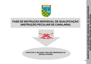 3.00
FASE DE INSTRUÇÃO INDIVIDUAL DE QUALIFICAÇÃO
(INSTRUÇÃO PECULIAR DE CAVALARIA)
OBJETIVODAINSTRUÇÃOINDIVIDUALDEQUALIFICAÇÃO
(INSTRUÇÃOPECULIARDECAVALARIA)
CAPACITAR O SOLDADO PARA SER EMPREGADO NA
DEFESA EXTERNA
 