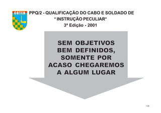 1.00
SEM OBJETIVSEM OBJETIVSEM OBJETIVSEM OBJETIVSEM OBJETIVSEM OBJETIVSEM OBJETIVOSOSOSOSOSOSOS
BEM DEFINIDOS,BEM DEFINIDOS,BEM DEFINIDOS,BEM DEFINIDOS,BEM DEFINIDOS,BEM DEFINIDOS,BEM DEFINIDOS,
SOMENTE PORSOMENTE PORSOMENTE PORSOMENTE PORSOMENTE PORSOMENTE PORSOMENTE POR
AAAAAAACASO CHEGAREMOSCASO CHEGAREMOSCASO CHEGAREMOSCASO CHEGAREMOSCASO CHEGAREMOSCASO CHEGAREMOSCASO CHEGAREMOS
AAAAAAA ALALALALALALALGUM LGUM LGUM LGUM LGUM LGUM LGUM LUGARUGARUGARUGARUGARUGARUGAR
PPQ/2 - QUALIFICAÇÃO DO CABO E SOLDADO DE
* INSTRUÇÃO PECULIAR*
3ª Edição - 2001
COTER
 