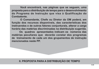 14.00
Você encontrará, nas páginas que se seguem, uma
proposta para a distribuição de tempo para o desenvolvimento
do Programa de Instrução que visa à Qualificação do
Combatente.
O Comandante, Chefe ou Diretor da OM poderá, em
função dos recursos disponíveis, das características dos
instruendos e de outros fatores conjunturais, alterar a carga
horária das matérias discriminadas na distribuição sugerida.
Os quadros apresentados indicam os números das
matérias peculiares que deverão constar dos programas
de treinamento de cada um dos grupamentos de instrução
mencionados neste PP.
II. PROPOSTA PARA A DISTRIBUIÇÃO DE TEMPO
 