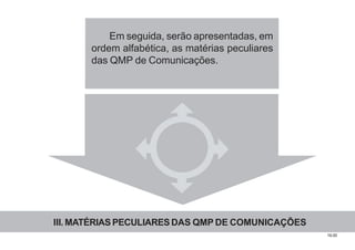 19.00
III. MATÉRIAS PECULIARES DAS QMP DE COMUNICAÇÕES
Em seguida, serão apresentadas, em
ordem alfabética, as matérias peculiares
das QMP de Comunicações.
 