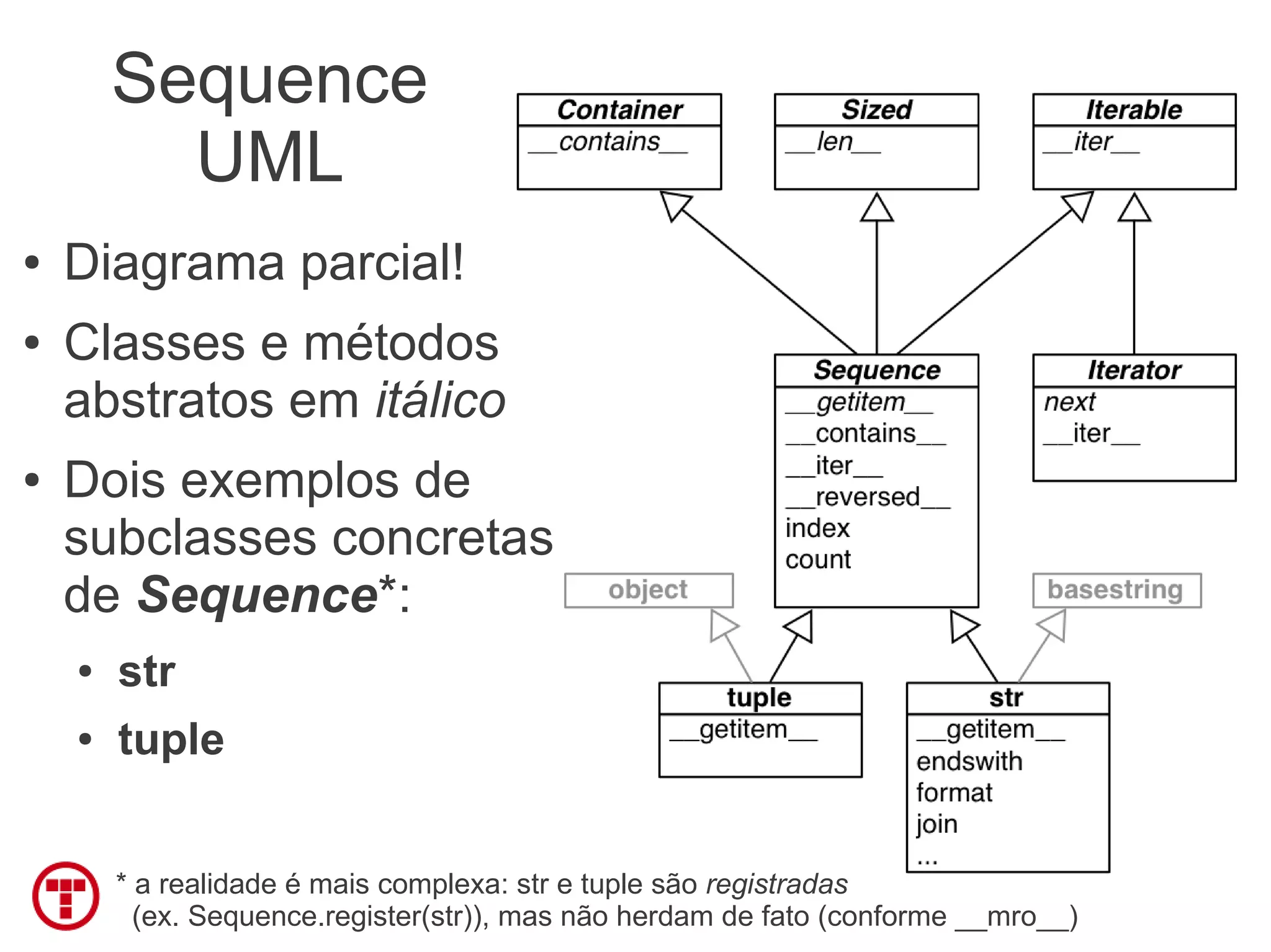 Sequence
          UML
●   Diagrama parcial!
●   Classes e métodos
    abstratos em itálico
●   Dois exemplos de
    subclasses concretas
    de Sequence*:
    ●   str
    ●   tuple


        * a realidade é mais complexa: str e tuple são registradas
          (ex. Sequence.register(str)), mas não herdam de fato (conforme __mro__)
 
